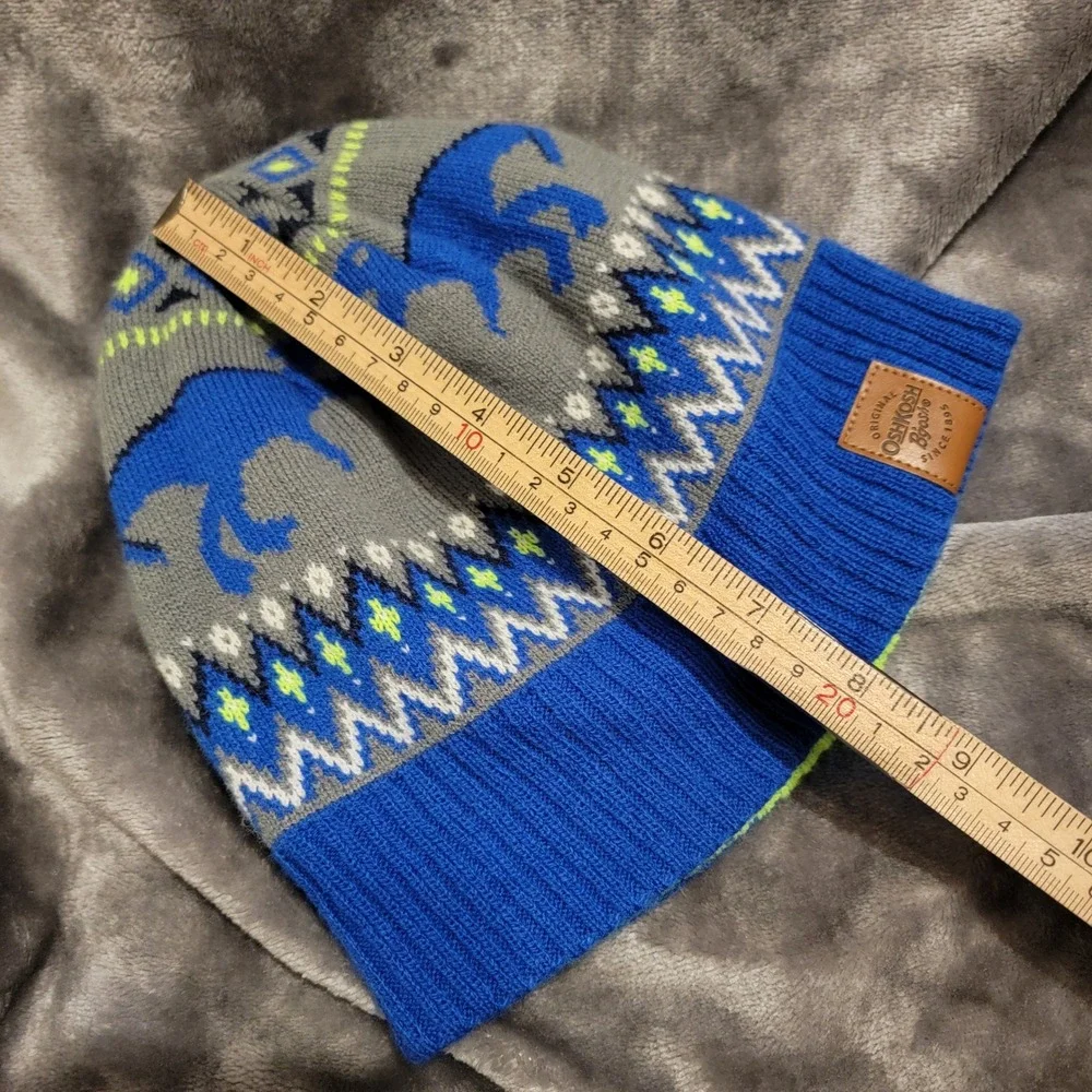 OshKosh Beanie Kids 8-14 Blue Grey Excellent Reversible Dinosaur & Isle Stripe